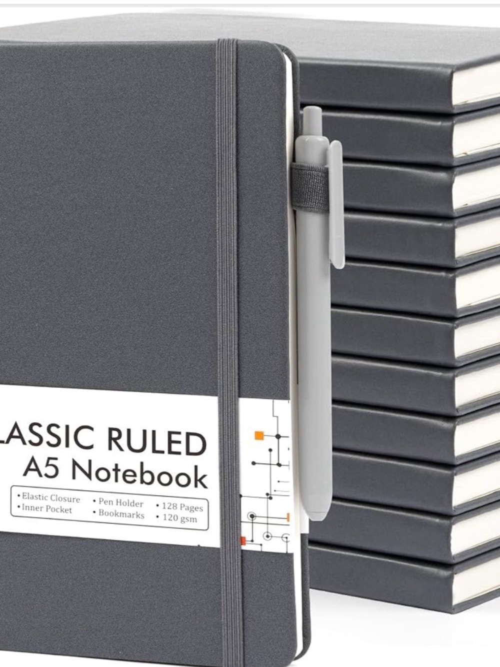Classic Ruled A5 Notebook with Pen Holder - Gray